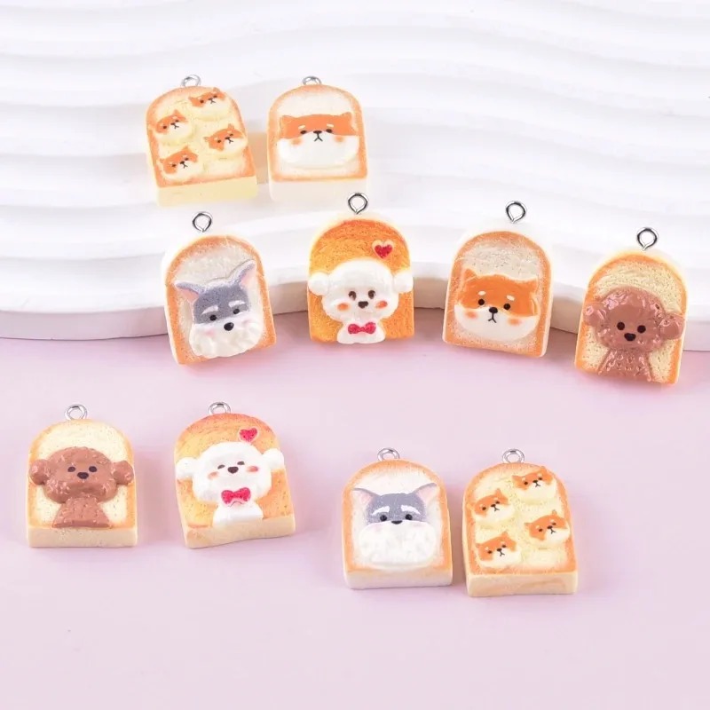 Resin Art Pendant - 10Pcs 귀여운 토스트 개 수지 펜던트
